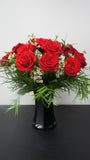 Dozen of Premium Red Roses in Black Glass Vase