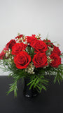 Dozen of Premium Red Roses in Black Glass Vase